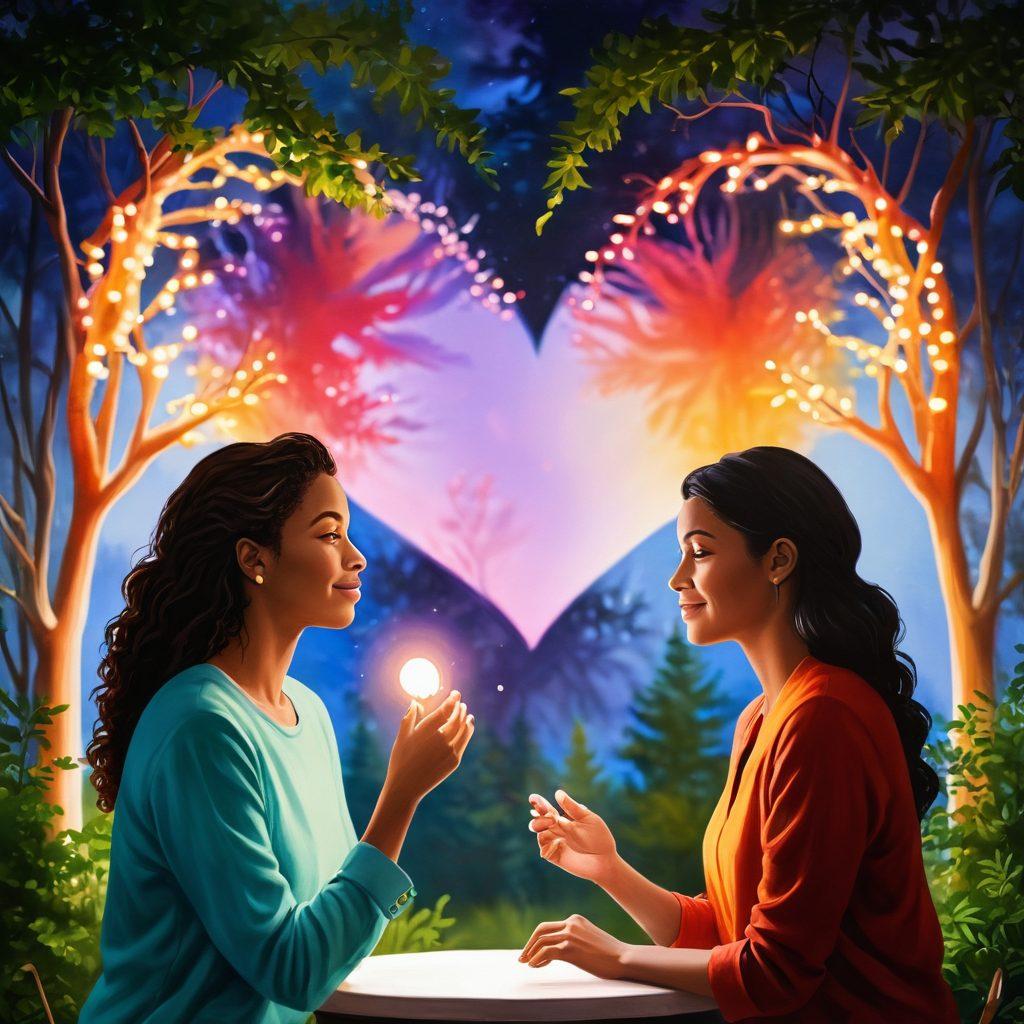 A warm, intimate setting featuring two diverse individuals engaged in a deep conversation, surrounded by soft, glowing lights that symbolize connection and understanding. Apply visual elements representing emotional intelligence, like heart-shaped symbols and warm color palettes, highlighting their expressions of empathy and trust. A subtle background of nature, hinting at growth and nurturing relationships. vibrant colors. soft focus. painting.