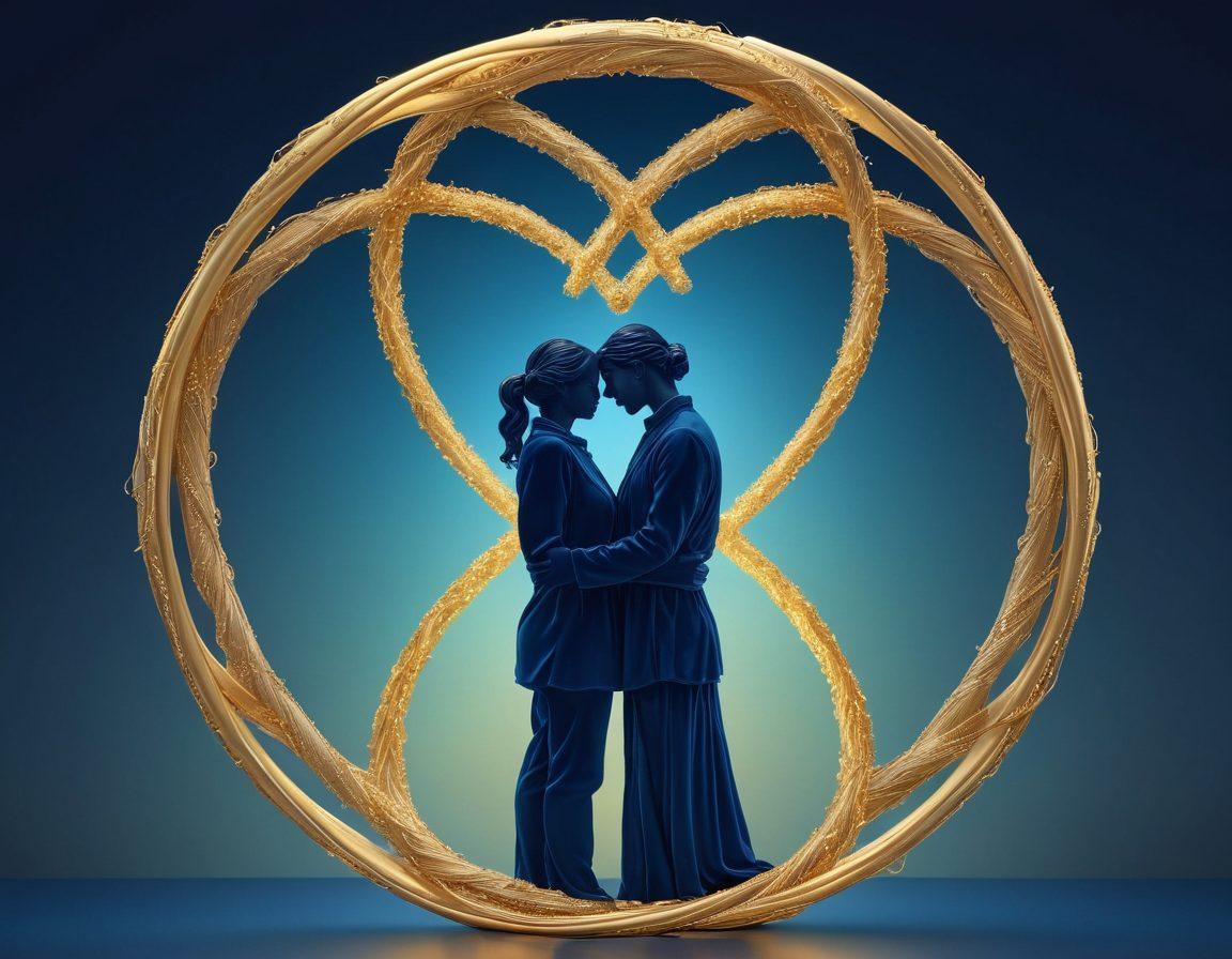 A beautifully intertwined double helix made of golden threads representing love, surrounded by gentle silhouettes of couples embracing, with soft glowing hearts emerging from the center. The background is a tranquil blue gradient symbolizing emotional intelligence and intimacy. The image should exude warmth and connection, capturing the essence of affection in a harmonious way. ultra-realistic. soft pastel colors. dreamy atmosphere.