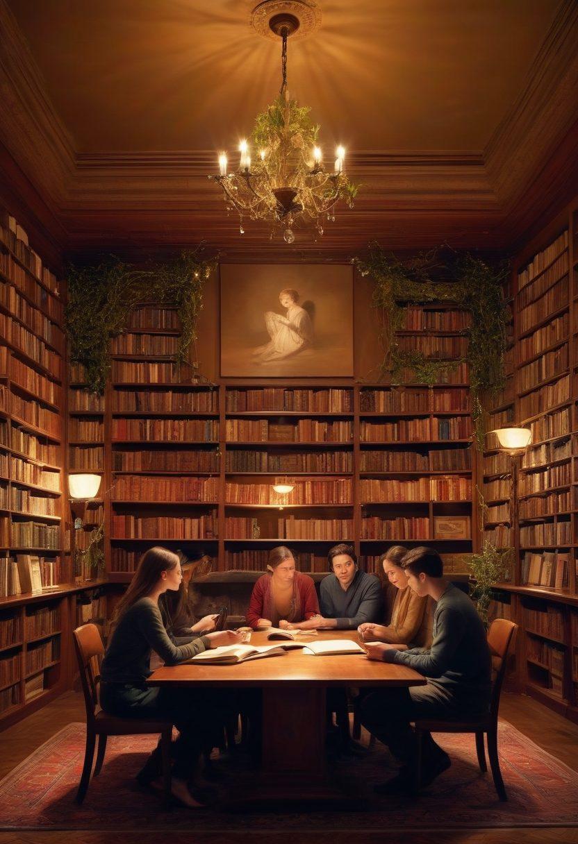 A captivating scene depicting a diverse group of people engaged in deep discussions about love and relationships in a cozy library filled with scholarly books. The ambiance should include warm lighting and engaging visual metaphors of bonds, such as intertwined vines or heart-shaped symbols subtly integrated into the background. The expressions on their faces should convey curiosity and connection. super-realistic. warm tones. cozy atmosphere.